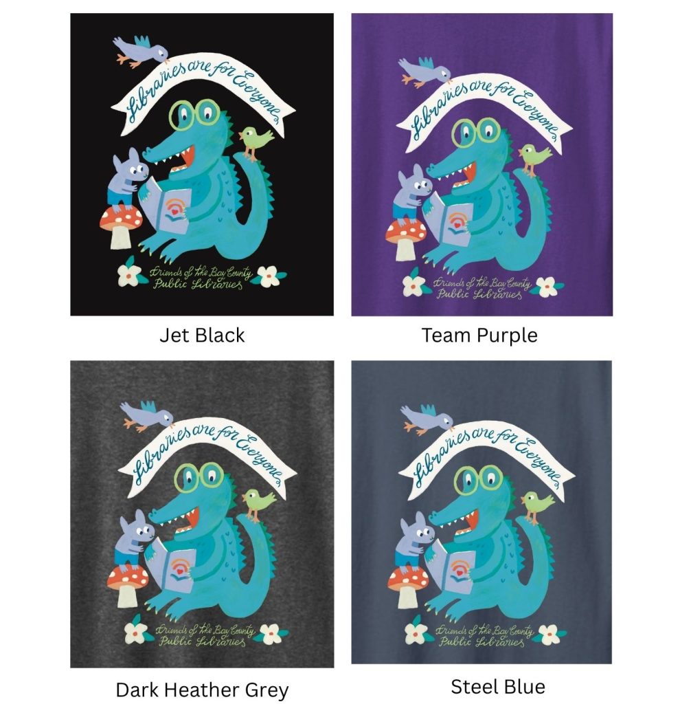 Libraries are for Everyone image with 4 different color backgrounds: black, purple, heather grey and steel blue