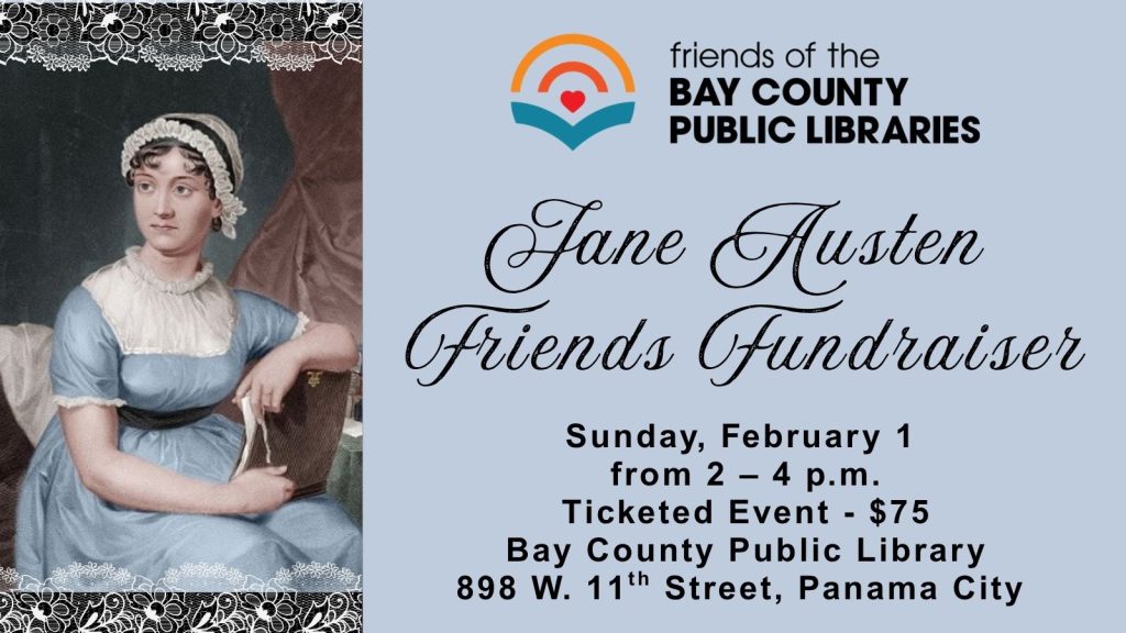 Image of Jane Austen and the Friends of the Bay County Public Libraries logo. The background is light blue and includes event information