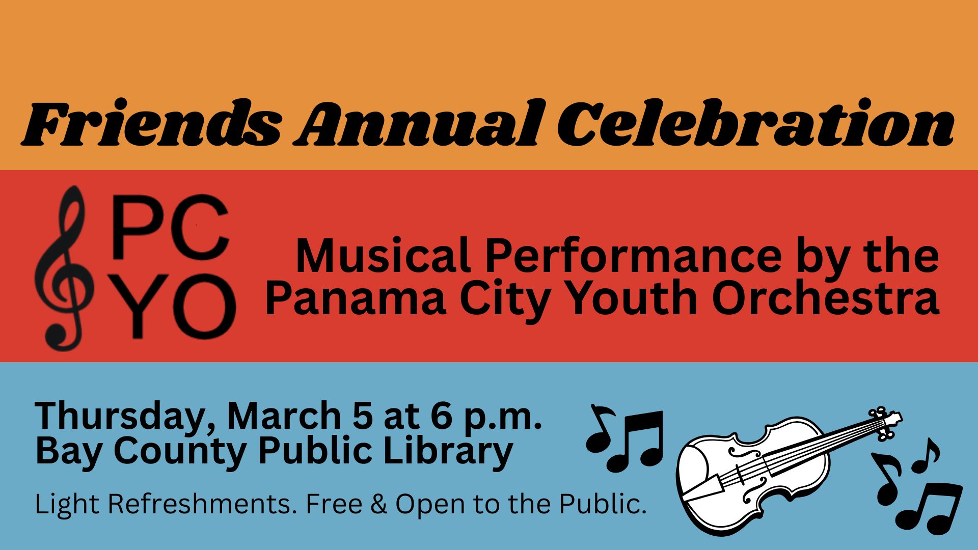 Friends Annual Celebration with Panama City Youth Orchestra logo and a violin with music notes